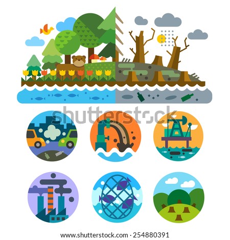 Ecological problems: pollution of water, earth, air, deforestation, destruction of animals. Mills and factories. Forest landscape. Environmental protection. Vector flat illustration and emblems set