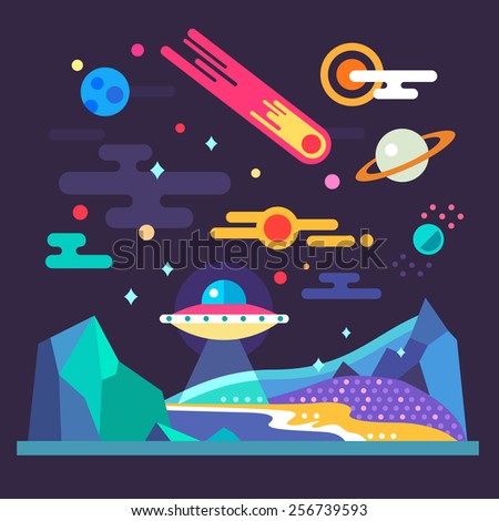 Space landscape: stars, planets, comet, ufo, stardust. Solar system. Relief of planet: blue mountains, purple lands, yellow sand. Vector flat illustrations and background