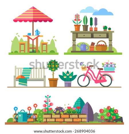 Garden landscapes, summer and spring: picnic, bike, watering can, flower bed.
Vector flat  illustrations