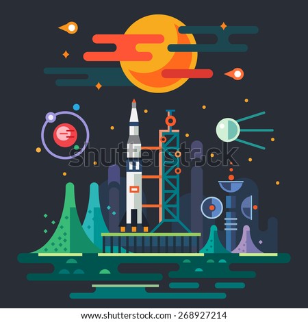 Space landscape, rocket launch on the background of a sunset. The sun, planets, stars, comets, moon, clouds, mountains, space station, satellite. Vector flat illustrations