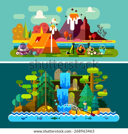 Summer landscapes: tent and fire in mountains background, a man in boat floats on river, forest, waterfall. Hiking and camping. Vector flat illustration