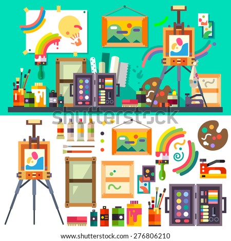 Art studio interior with all tools and materials for painting and creature.  The source of inspiration for the artist. Preparations for exhibition, paint, pictures, brushes
Vector flat illustration