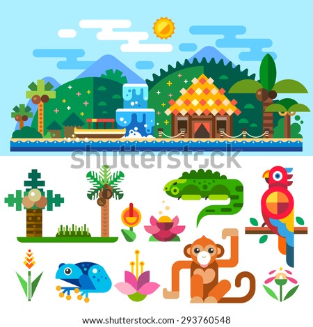 Tropical landscape, bungalows in the mountains and palm trees near the ocean. Summer beach. Tropical animals: parrot, monkey, frog