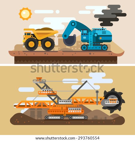 Machines for digging caves. Construction process. Industrial landscape, mining metallurgy. Vector flat illustration