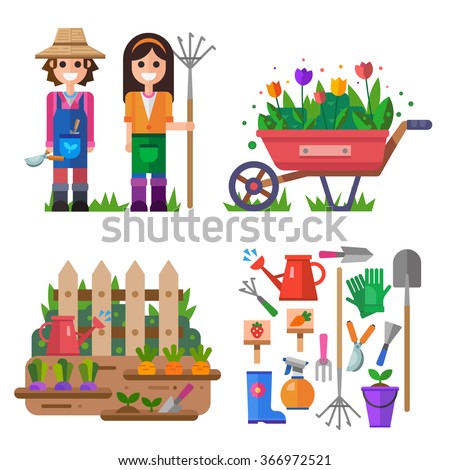 Gardening and everything linked with it! Happy boy and girl gardening, garden cart with  beautiful tulip flowers, rural fence scenery, garden work tools isolated. Flat vector illustration set.