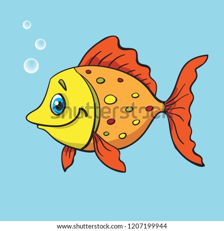 Funny fish with air bubbles. In cartoon style. Isolated on blue background. Vector illustration.