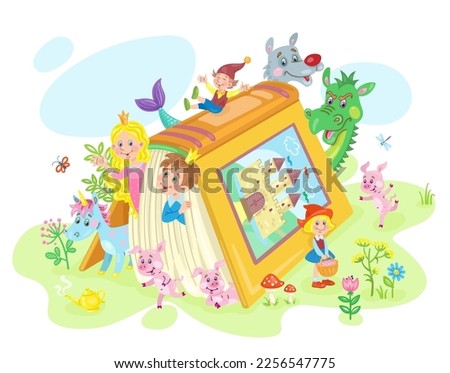 Magical book of fairy tales with its funny characters. In cartoon style. Isolated on white background. Vector illustration. International children's book day