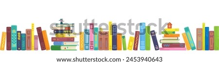 Colorful books standing in a row. Banner in cartoon style. Isolated on white background. Vector flat illustration