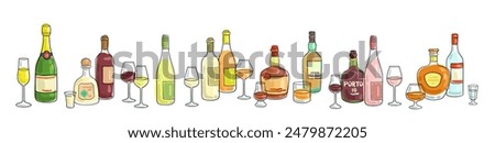 Collection of various bottles of wine, strong alcohol and diversity of glasses. Banner in line style. Isolated on white background. Vector flat illustration. Template for menu design