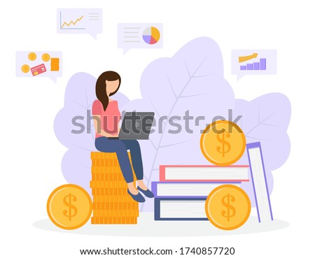 Financial and investment education concept. Online training and remote work. A girl sits on a stack of coins and works on a laptop. Charts and infographics around her