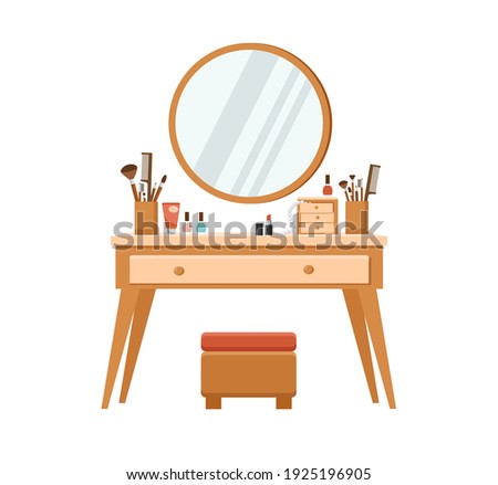 Dressing table with mirror and stool. Cosmetics and jewelry box on the table.