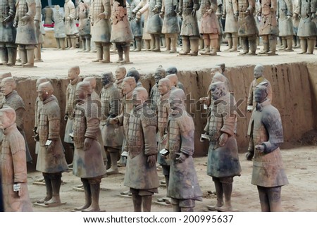 XIAN, CHINA - MAY 3, 2012: Collection of terracotta sculptures depicting the armies of the first emperor of China