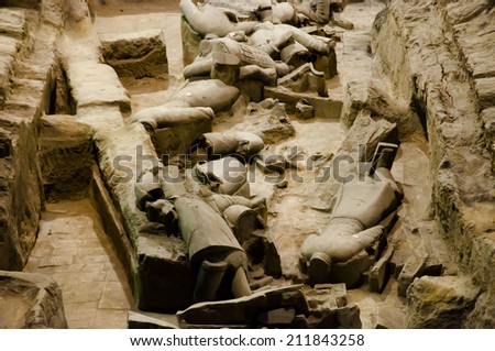XIAN, CHINA - MAY 3, 2012: Collection of unrestored terracotta sculptures depicting the armies of the first emperor of China