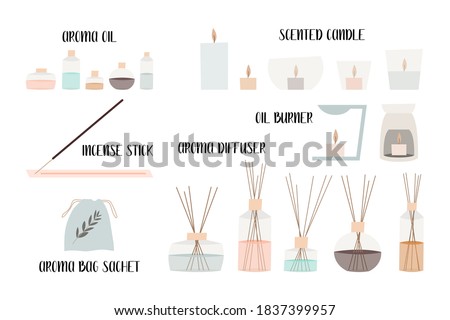 Aromatherapy. Aroma diffuser, essential oil, aromatic bag sachet, incense stick, oil burner, scented candle. Vector flat cartoon illustration