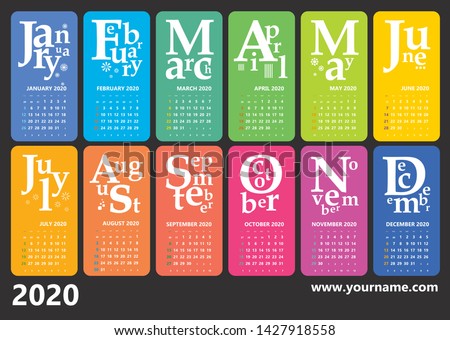 Creative wall calendar 2020 with rainbow jazzy design and type composition. Weeks starts sunday, editable vector. Classic grid, english language.