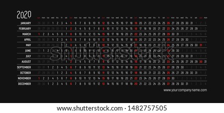 English creative calendar 2020 - linear simple design, creative horizontal grid. Black background and white numbers, red holidays - sundays. Editable template.