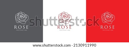 Rose flower petal line and branch with leaves vector logo emblem design template illustration simple minimal linear style. Outline graphics for cosmetic product packaging and garden flowers shop