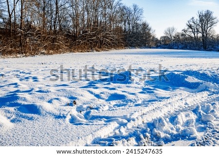 Similar – Image, Stock Photo Snowy farmland against frosted forest at horizon under blue sky with white fluffy clouds