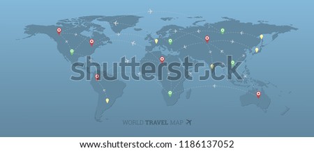 World travel map with airplanes,flight routes and pins marker on capitals vector design,Elements of this image furnished by NASA.