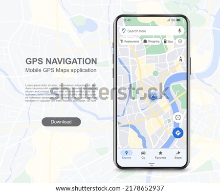 GPS Navigation, Mobile GPS Maps application  UI concept with realistic smartphone mockup, search map navigator, pinpoint location, download page vector illustration for graphic design.