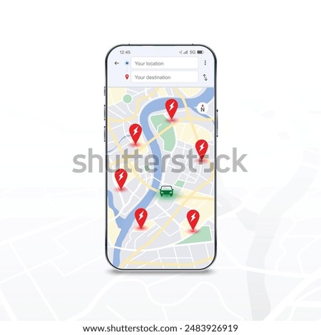 GPS mobile navigation Realistic smartphone with Electric car charging station ,EV station gps map application with red pinpoint on screen, search locations  compass icon vector illustration eps10