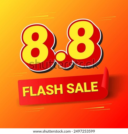 8.8 Flash Sale shopping banner with Red Ribbon Label Sticker curl,3D Minimal long shadow text with Fast Lines on Yellow Red background for Flash Sales campaign,special offers use to your Store website