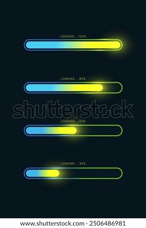 Loading bar set .Downloading process, System software update and upgrade technology concept ,flat vector design minimal green glow color, elements for video games. isolated on blue background.