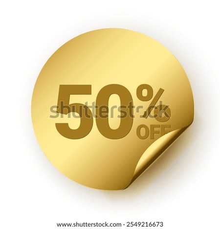 Gold sticker label, Golden Sale 50% off  Round Circle curl shiny glossy badge vector design, use to your product discount advertisement , shopping low price