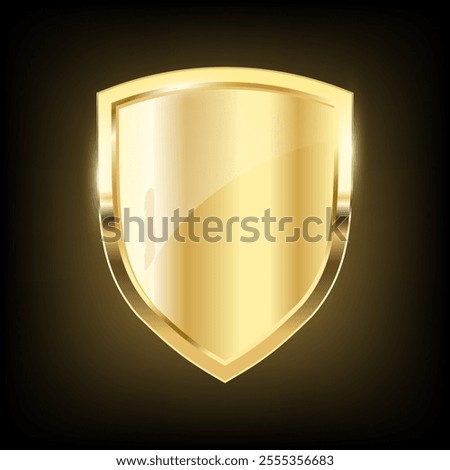 Gold shield, Realistic isolated golden armory trophy with metal coat, 3d luxury safety protection emblem, vintage blank shiny royal award. vector design illustration on dark background 