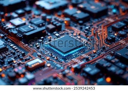 Similar – Image, Stock Photo Electronic circuit board. Semiconductor motherboard circuit board technology. Mainboard of computer. Integrated semiconductor microchip on green circuit board. Hi-tech industry and computer science.