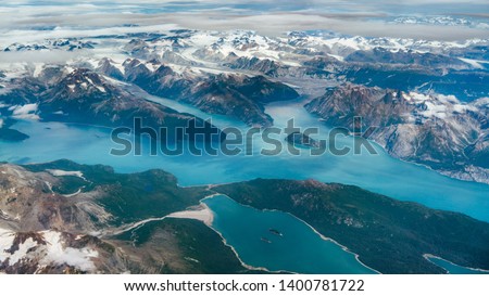 Beautiful aerial view of the fjords while flying from Anchorage to Juneau in Alaska, USA