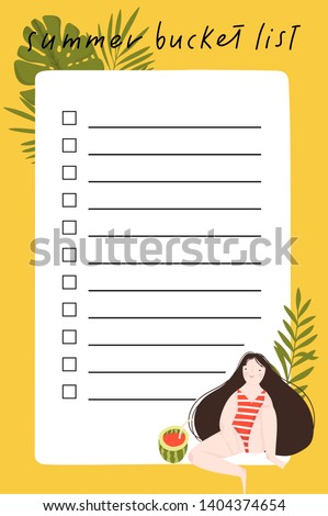 Summer bucket list with hand drawn illustration of cute girl, leaves and summer elements