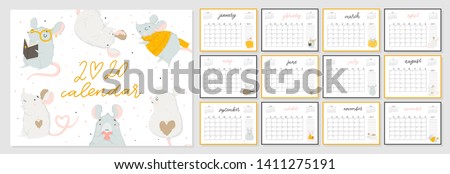 Monthly creative calendar 2020 cute hand drawn rat.  Concept, vector vertical editable template. Symbol of the year in the Chinese calendar. Cartoon. Isolated. Vector illustration. Vector A4 