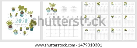 Calendar 2020. Cute and creative calendar with hand drawn house plants, succulents and cactus. in blue and green colors. Redy to print. Vector illustrations