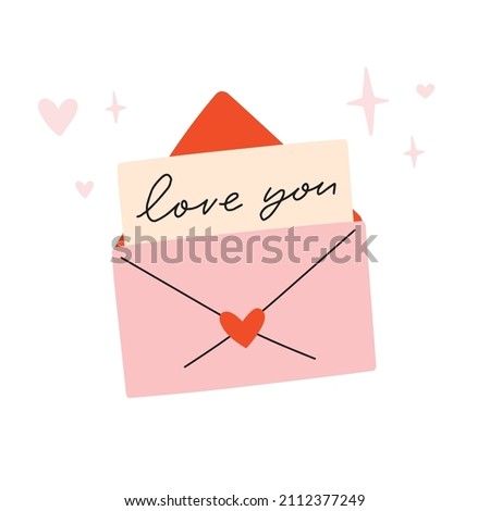 Love letter in envelope illustration. Stylish Valentine's day square greeting card, poster concept in pink and red colors. Fun and cool design. Hand drawn doodle cartoon style. 