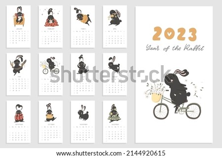 Monthly creative calendar 2023 cute hand drawn rabbit.  Concept, vector vertical editable template. Symbol of the year in the Chinese calendar. Cartoon. Isolated. Vector illustration. Vector A4 