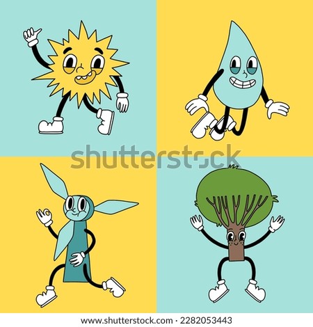 Groovy retro eco cartoon characters set. Happy earth day ecology elements design collection. Environment day trendy badges. Sun, water, tree, wind electricity fan. Isolated