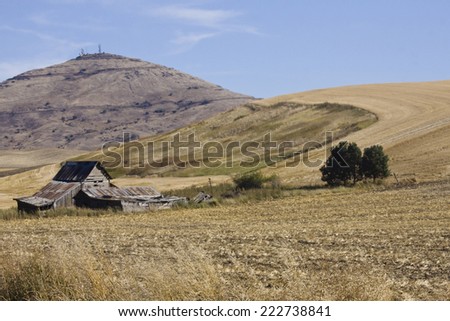 Wide view of old farm building in front of Steptoe Butte, Palouse Valley, eastern Washington State