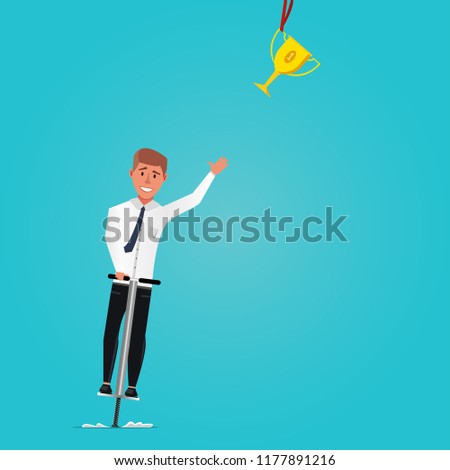 Achieve success in business concept vector. Businessman jumping using Pogo jumper to get the trophy.