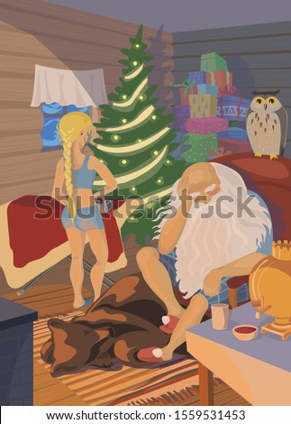 Vector illustration for cards, posters, flyers. Everyday life of Santa. Santa Claus is sleeping at home. Snow Maiden is stroking coat. Bear is sleeping in front of a fireplace.