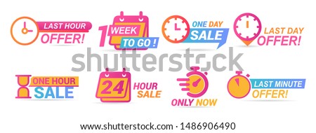 Sale countdown badges. Last minute offer banner, one day sales and 24 hour sale promo stickers. business limited special promotions, best deal badge. Isolated vector icons set