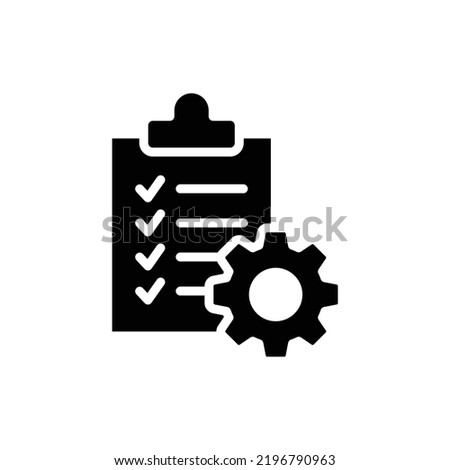 Clipboard with gear icon. Simple solid style. Project order, work, setting, technical support check list, management concept. Glyph vector illustration isolated on white background. EPS 10.