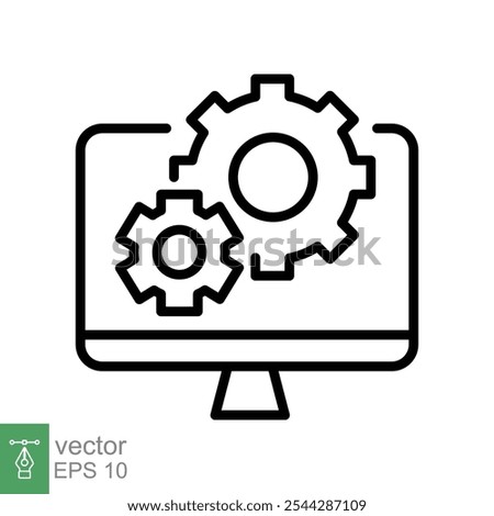 Web development icon. Simple outline style. Monitor, computer screen with gears. Maintenance and web setting. Thin line vector illustration isolated on white background. EPS 10.