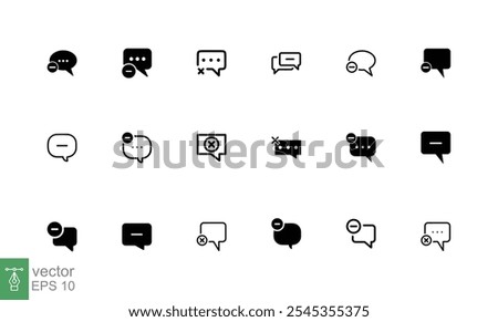 Cancel comment icon set. Simple flat style. Remove, delete chat box, speech bubble with cross symbol, communication concept. Vector illustration collection isolated on white background. EPS 10.