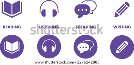 Language skill icon set speaking listening reading writing education test logo vector illustration circle symbol