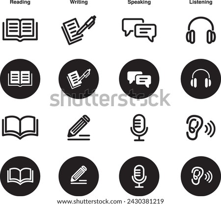 Language skill icon set speaking listening reading writing education test logo vector illustration circle symbol web botton