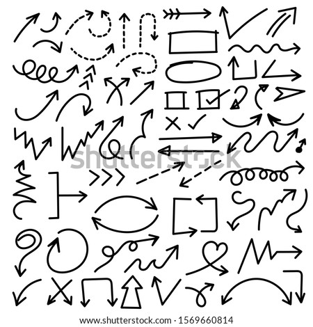 Arrows hand drawn vector set. Sketch arrow design for application, banner, print screen, pen marks, map and typography design guide line.