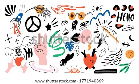 Trendy fashion Hand drawn doodle vector set for banner, portrait photo decoration, social post and web. Vector illustration.