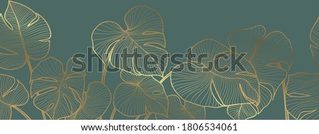 Luxury golden art deco wallpaper. Nature background vector. Floral pattern with golden split-leaf Philodendron plant with monstera plant line art on green emerald color background. 
