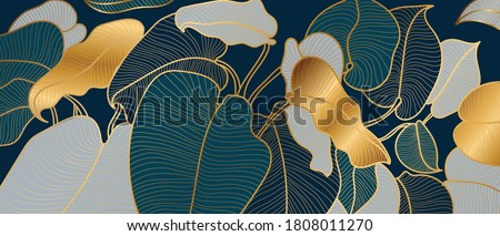 Luxury golden art deco wallpaper. Nature background vector. Floral pattern with golden split-leaf Philodendron plant with monstera plant line art on green emerald color background ストックフォト © 